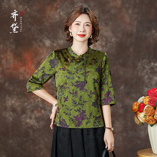 Quedit silk chinese-style mulberry silk mid-sleeve shirt 2026 new stand-up collar plate-button oblique placket flower and bird print top qingtang ningzi/21 mumi silk stretch satin l recommended 110jin jin is equal to within 0.5 kg