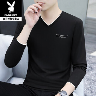 Playboy (playboy) men's long-sleeved t-shirt 2026 new winter trendy spring and autumn clothing small v-neck casual inner wear pure cotton men's clothing w ypc4033 black l recommended 115-130jin jin equals 0.5 kg
