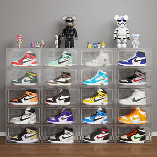 Yusenyi transparent shoe box, sneaker storage box, shoe box storage box, transparent shoe cabinet artifact, does not take up space, can be stacked, 6 white side door openings, hard door frame + soft box body, needs to be folded and damaged to be repaired