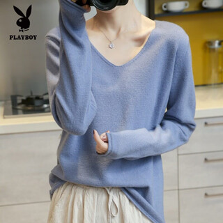Playboy (playboy) 2026 spring new thin v-neck sweater for women, loose korean style knitted low-neck inner layering shirt, long-sleeved sweater, denim blue s