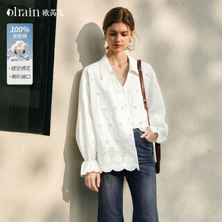 Olrain french heavy-duty hollow embroidered long-sleeved shirt women's spring loose commuting top off-white s