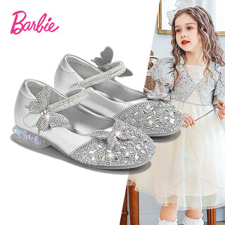 Barbie children's shoes girls spring and autumn high heels small leather shoes stage fashion crystal shoes bow girls da7152 silver 26