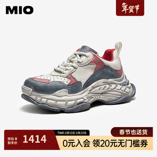 Mio women's shoes casual shoes 2026 summer new style old thick-soled heightening dad shoes sneakers dirty shoes off-white/red/grey 38 (240mm)