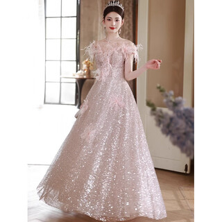 Ukuhpk one-shoulder evening dress new light luxury feather style host annual meeting sequined temperament lady banquet dress pink s