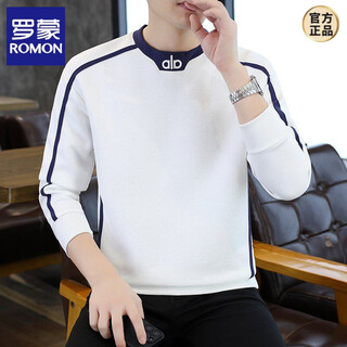Romon heavyweight round neck sweatshirt men's spring and autumn 2026 new loose contrast color casual long-sleeved bottoming shirt men's top white d7907 regular 2xl (about 145-160jin jin equals 0.5 kg can be worn)
