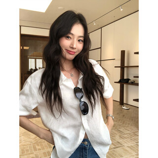 Pusumede old money vibe1oo linen short-sleeved shirt loose shirt mid-sleeve temperament top white pre-sale m