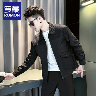 Romon spring and autumn new trendy brand splicing design lapel jacket men's handsome fashion casual trendy slim jacket black m 90-110jin jin equals 0.5 kg