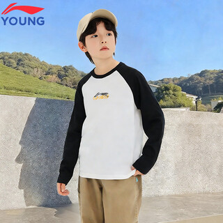 Li-ning boys long sleeve spring youth round neck loose casual clothes pullover children's trendy raglan sports top white/black/black 140 cm