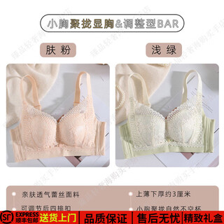 Eresg light luxury brand underwear for women with small breasts, thickening, flat breasts, no rims, adjustable breast reduction, anti-sagging, skin pink + light green 85a 38