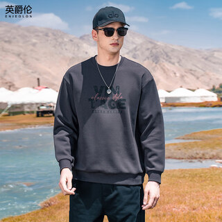 Enjeolon 320g heavyweight composite pique cotton long-sleeved sweatshirt men's autumn and winter retro american letter print loose top dark gray m (recommended 115-130jin jin equals 0.5 kg)