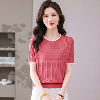 Snow flying (snowflying) sweet and gentle style lace collar short-sleeved sweater for women 26 spring and summer hollow design women's loose and slim top