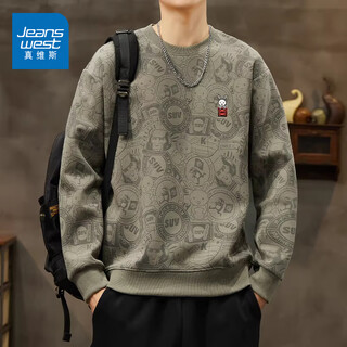 Jeanswest round neck sweatshirt for men in spring and autumn american retro trendy brand tops for men with printed versatile casual long-sleeved pullover bottoming shirt gray green 3xl (160-180jin jin equals 0.5kg)