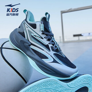 Hongxing erke (erke) children's shoes for boys and girls, cushioning mesh sneakers, children's lace-up wear-resistant basketball shoes, black/bright silver 38