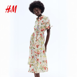 H&m 2026 new spring women's short-sleeved shirt dress 1329327 cream/floral s 160/88