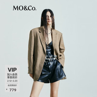 Mo&co. traje retro marrón gris cuadros patrón lino teñido hombreras mezcladas chaqueta suelta solapa plana moanke gris marrón cuadros m 165