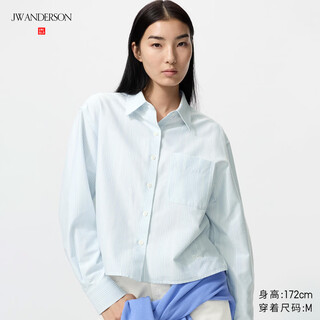 Uniqlo cooperation model/women's and men's oxford box striped shirt/long-sleeved shirt 485265 60 light blue m
