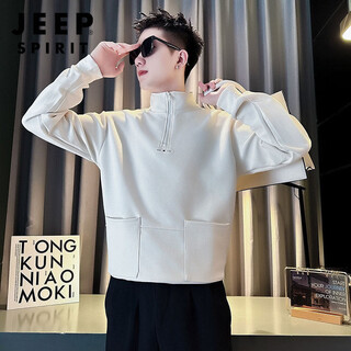 Jeep spirit half turtleneck sweatshirt men's spring and autumn zipper t-shirt handsome long-sleeved t-shirt 2026 new men's tops trendy t-shirt white m recommended 120jin jin is equal to within 0.5 kg