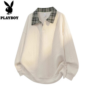 Playboy (playboy) fake two-piece 2026 new jacquard sweatshirt for men in spring and autumn contrasting plaid lapel polo shirt long-sleeved top beige xl weight 125-140jin jin equals 0.5 kg