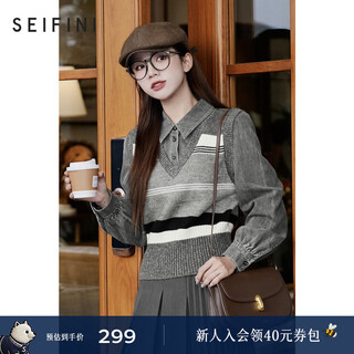 S eifini celebrity style s eifini gray fake two-piece denim shirt for women new knitted sweater korean style extreme gray s