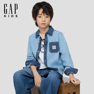 Gap gap boys and girls 2026 spring new logo embroidered chest bag splicing denim shirt children's wear 861378 blue 120 cm (6-7 years old) asian size