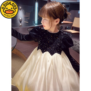 G.duck little yellow duck girls spring and autumn long-sleeved dress 2026 new bow western-style mesh skirt children's host dress black 100 cm