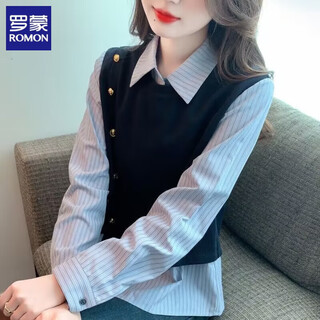 Romon fake two-piece striped patchwork shirt for women 2026 new design niche western style loose versatile fashion top 016 navy blue 2xl 135-150jin jin is equal to 0.5 kg