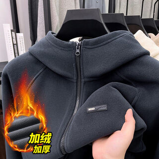 Dancing wolves 2025 winter men's plush polar fleece hooded cardigan jacket dark gray xl