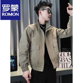 Romon 2025 autumn men's jacket slim stand collar zipper handsome style jacket khaki l