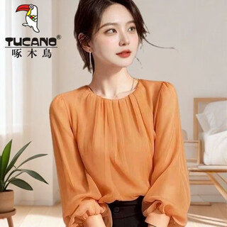 Woodpecker early spring shirt long-sleeved shirt for women, high-end chic and beautiful french light mature new style high-end temperament small chiffon top orange xl 120-130jin jin is equal to 0.5 kg