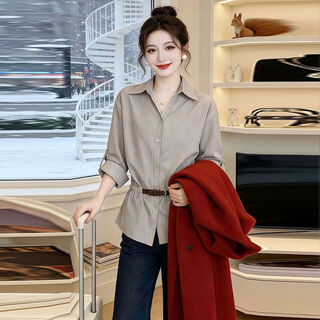 Bing yu feng zi (bing yu feng zi) design collared striped french loose shirt early autumn 2026 new commuter casual top gray free trial m 80-100jin jin equals 0.5 kg