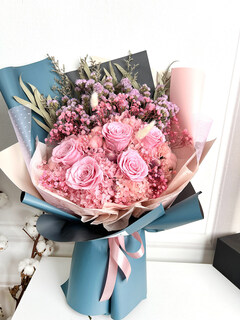 Korean style pink rose everlasting flower dried flower bouquet for bestie’s birthday gift mother’s day gift box for girlfriend shanghai pink rose elegant blue color matching upgraded version large hand holding nearly 60cm tall