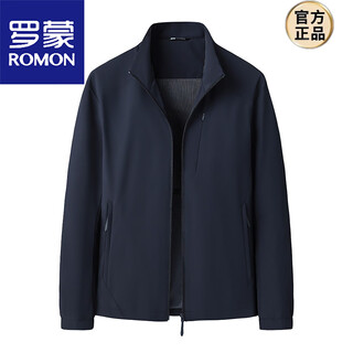 Romon casual jacket men's spring and autumn stand collar executive jacket loose large size middle-aged and elderly simple windproof long sleeve dark blue 5xl