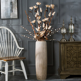 Modern simple light color soft decoration jingdezhen ceramic floor-standing vase living room flower arrangement dried flower large decorative ornaments bark pattern 95cm + popcorn set