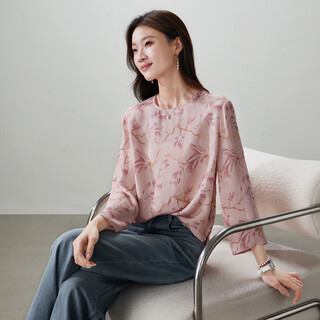 Sofsil 2026 spring new mulberry silk fashion casual versatile printed shirt women's round neck breathable drape top