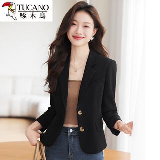 Woodpecker short small suit jacket women 2026 new spring and autumn temperament casual suit women's top sheng 8801 black suit jacket 4xl recommended 145jin jin equals 0.5kg
