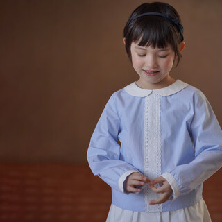 Haqi children's clothing 2026 spring new college style spliced lace top girls blue striped shirt design stripe 160