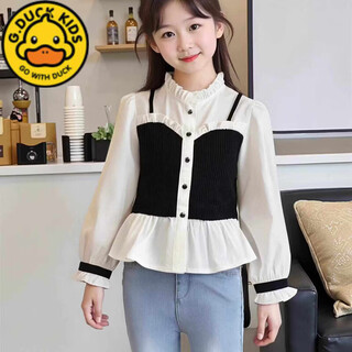 G.duck little yellow duck girls' shirt spring and autumn new fashion long-sleeved girls and children's spring clothing qianjin xiaoxiangfeng girls' patchwork shirt 150 recommended height 140cm