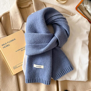 Other australian sheep wool small scarf women's winter solid color knitted scarf korean version thickened warm neck scarf 22# gray blue