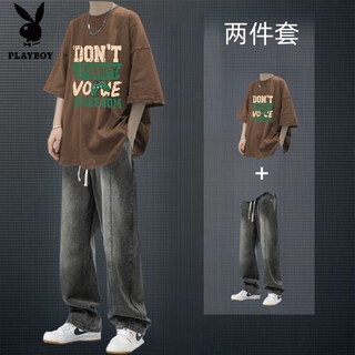 Playboy (playboy) summer pure cotton short-sleeved t-shirt suit for men with american high street denim trousers men's two-piece set two-piece set don short-sleeved coffee + jeans black m high-quality original