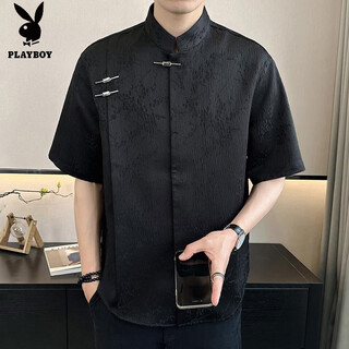 Playboy (playboy) new chinese style short-sleeved shirt for men, summer ice silk cool half-sleeved men's national trend mountain collar satin shirt c278 black m (about 100-115jin jin is equal to 0.5kg can be worn