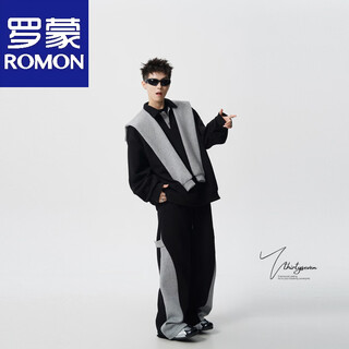 Romon v37 american retro high street contrasting color shawl sports sweatshirt men's autumn fashion brand loose casual gray couple suit suit black m (105-120jin jin equals 0.5 kg)