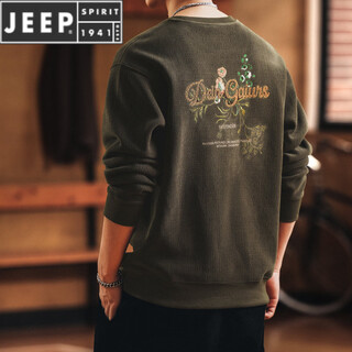 Jeep spirit american retro heavyweight embroidered men's sweatshirt 2026 spring and autumn new loose warm base t-shirt top khaki green m suitable for 110-130jin jin equals 0.5 kg
