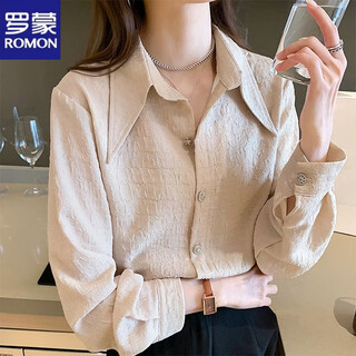 Romon chiffon shirt for women spring loose design niche long-sleeved top professional commuting style formal wear temperament white shirt apricot s
