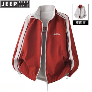 Jeep spirit spring and autumn men's contrast stripe stand collar reversible loose jacket men's trendy sports and casual all-match top jacket red m