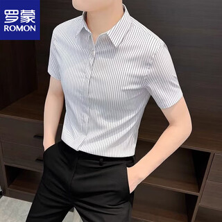 Romon summer thin high-end striped short-sleeved ice silk shirt men's new fashion trendy brand men's business slim shirt white #5236 (dark button) m 110jin jin is equal to 0.5 kg within