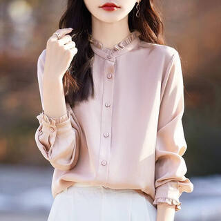 Hengyuanxiang temperament earring shirt women's coat shirt stand collar elegant bottoming cardigan with fashionable top long-sleeved versatile pink 3xl