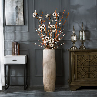 Modern simple light color soft decoration jingdezhen ceramic floor-standing vase living room flower arrangement dried flower large decorative ornaments bark pattern 80cm + sunflower set