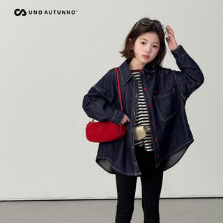 Mai mai qiu girls 2026 spring new soft denim medium and large children's casual western style long sleeve contrast color shirt jacket blue size 120 (recommended height 115-124cm)