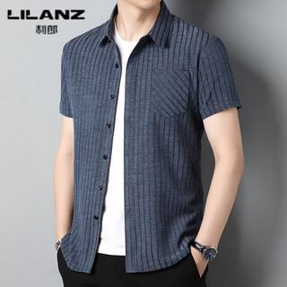 Lilanz mulberry silk real pocket shirt men's summer thin short-sleeved shirt middle-aged loose striped non-iron top 8200023 dark blue thin xl (175) 115 recommended 140-155 jin jin equals 0.5 kg