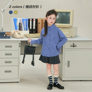 Utouto big ear elephant girls plaid shirt 2026 spring new baoer trendy pure cotton casual versatile long-sleeved top blue plaid pre-sale second batch around early april 80